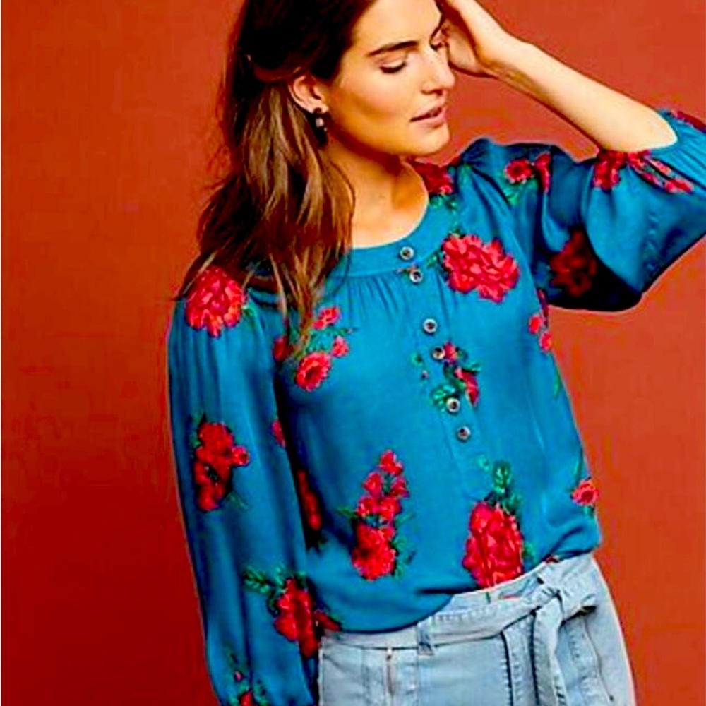 Maeve by ANTHRO Floral Blue and Red Women's Top